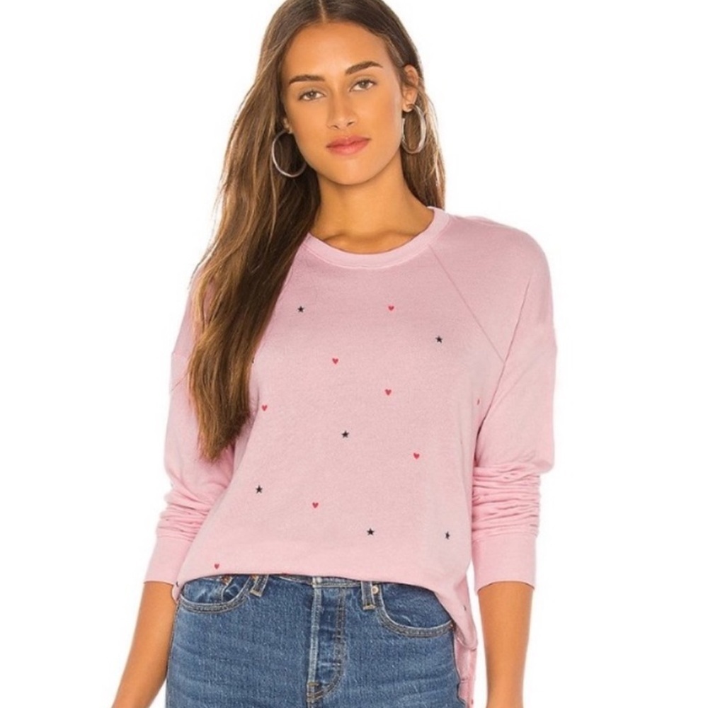 Sundry Pink Hearts Long Sleeve Sweater Top Pullover